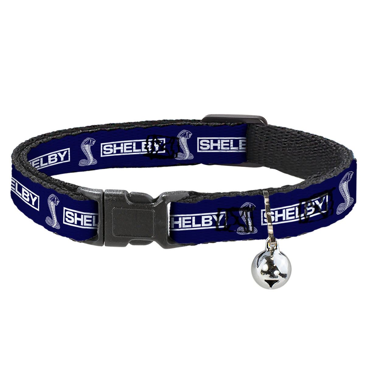 Cat Collar Breakaway with Bell - SHELBY Box Logo and Super Snake Cobra Blue White - NARROW Fits 8.5-12" Cat Collars Breakaway Side Release Shelby