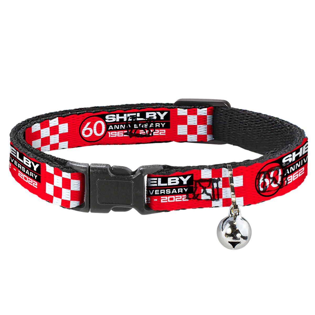 Cat Collar Breakaway with Bell - SHELBY 60th ANNIVERSARY Checker Red Black White - NARROW Fits 8.5-12" Cat Collars Breakaway Side Release Shelby