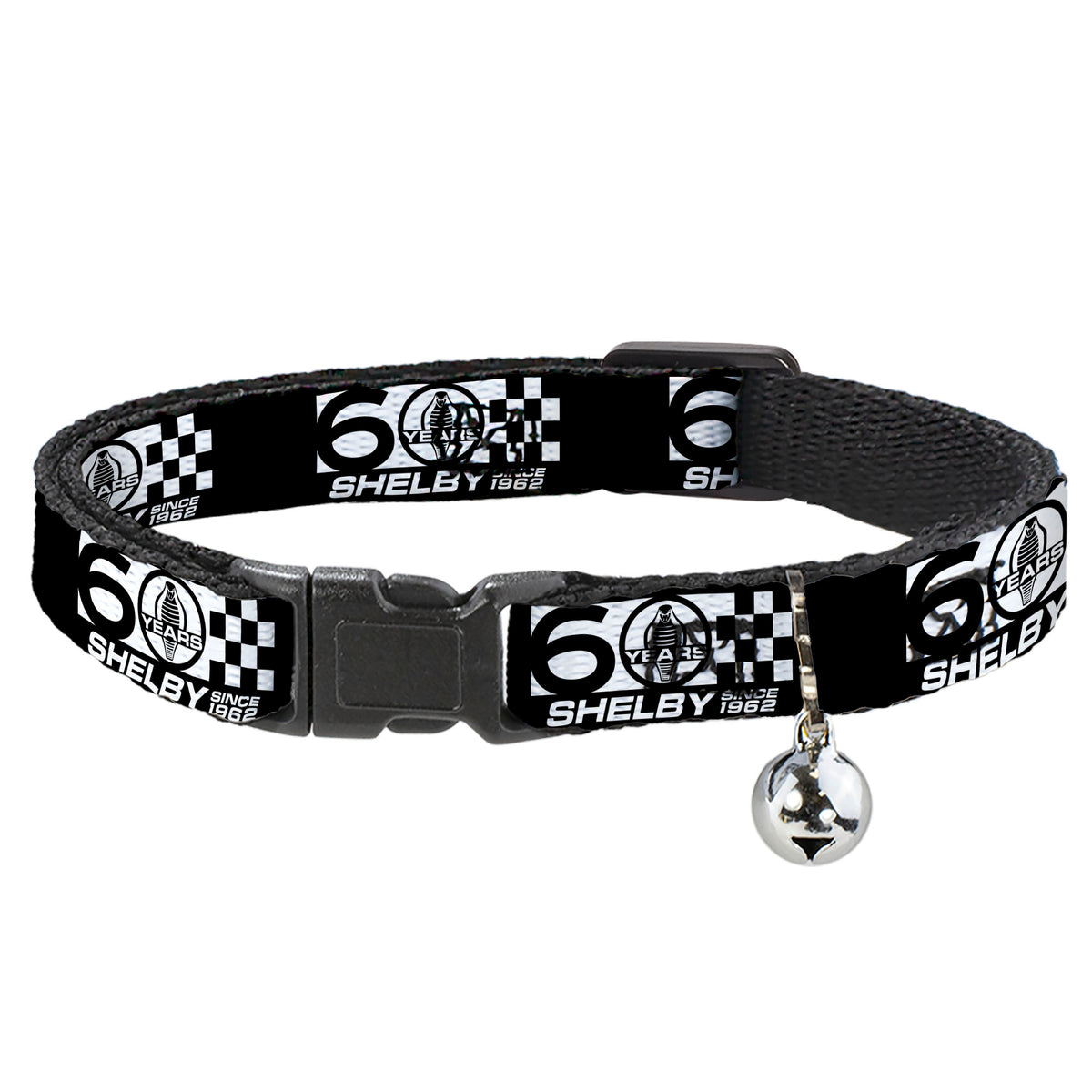 Cat Collar Breakaway with Bell - SHELBY 60 YEARS SINCE 1962 Checker Black White - NARROW Fits 8.5-12" Cat Collars Breakaway Side Release Shelby