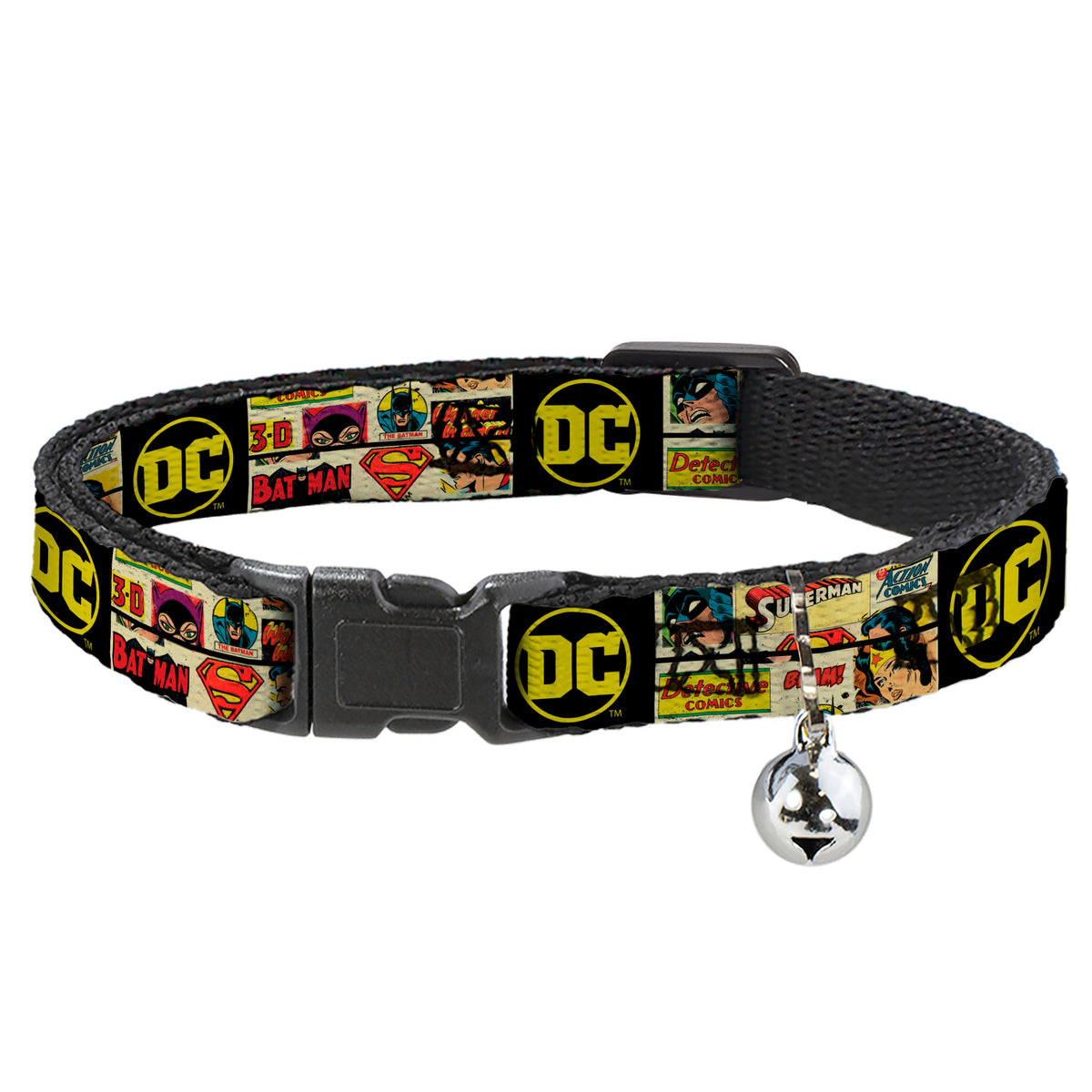 Cat Collar Breakaway with Bell - Vintage DC Comics Superhero and Logos Collage Black - NARROW Fits 8.5-12" Cat Collars Breakaway Side Release DC Comics