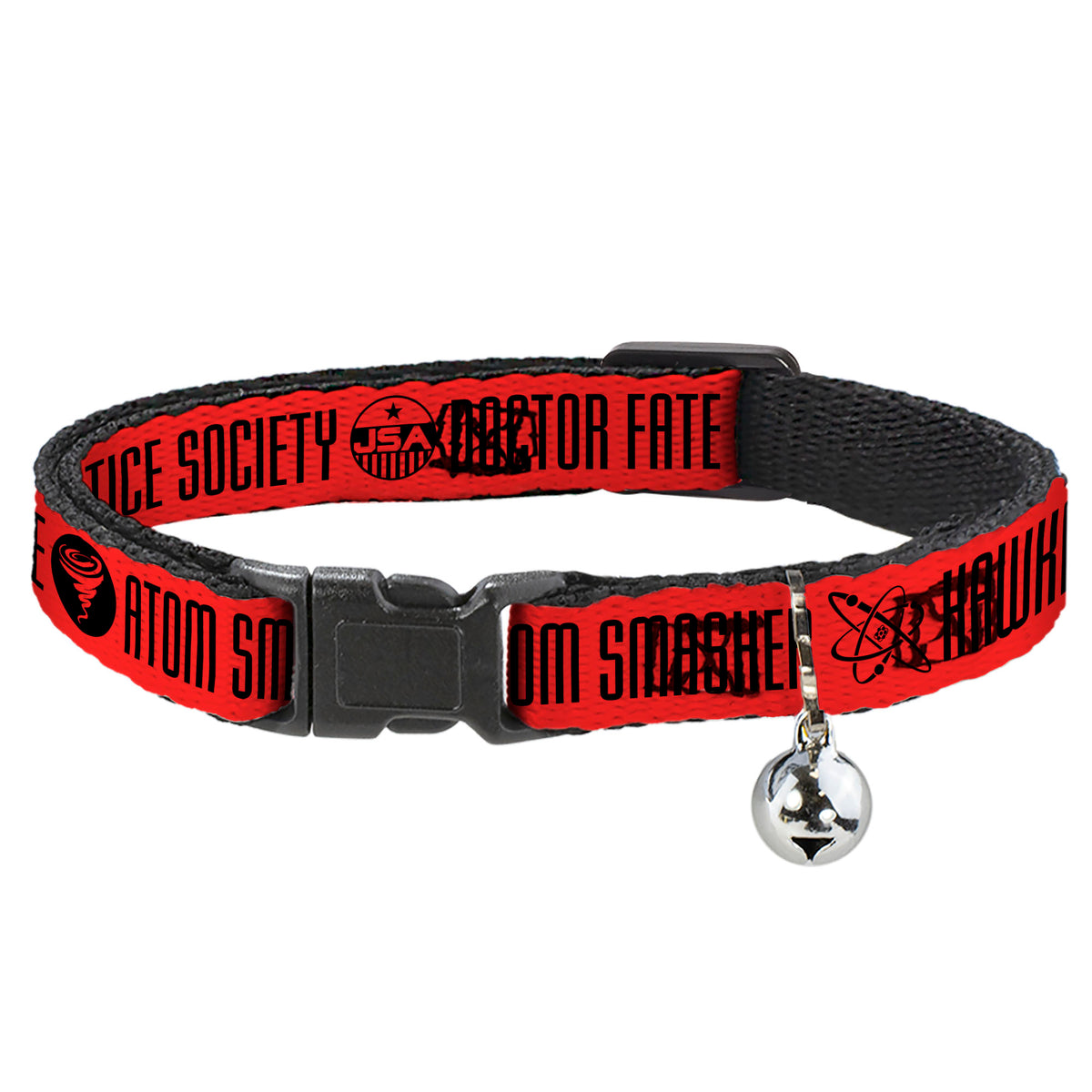 Cat Collar Breakaway with Bell - Black Adam JUSTICE SOCIETY Icons and Text Red Black Cat Collars Breakaway Side Release DC Comics