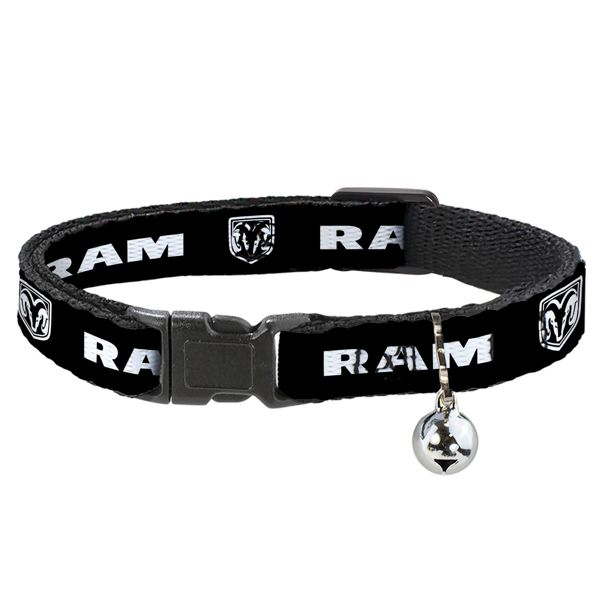 Breakaway Cat Collar with Bell - RAM Shield Logo/Bold Text Black/White Cat Collars Breakaway Side Release Dodge