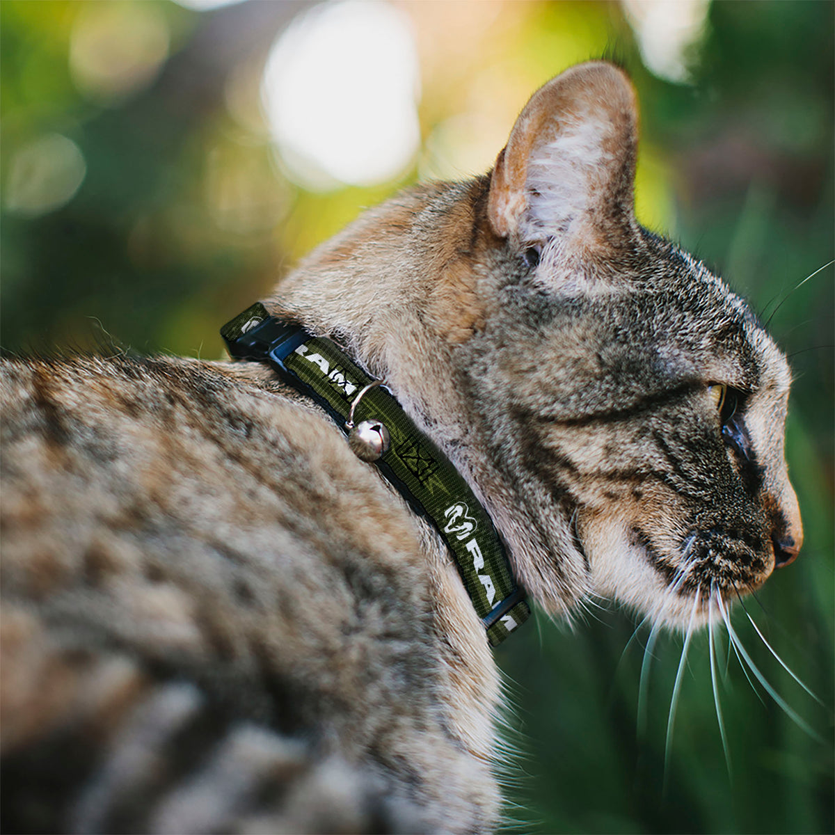 Breakaway Cat Collar with Bell - RAM TRX Text and Logo Americana Weathered Olive/White Cat Collars Breakaway Side Release Ram
