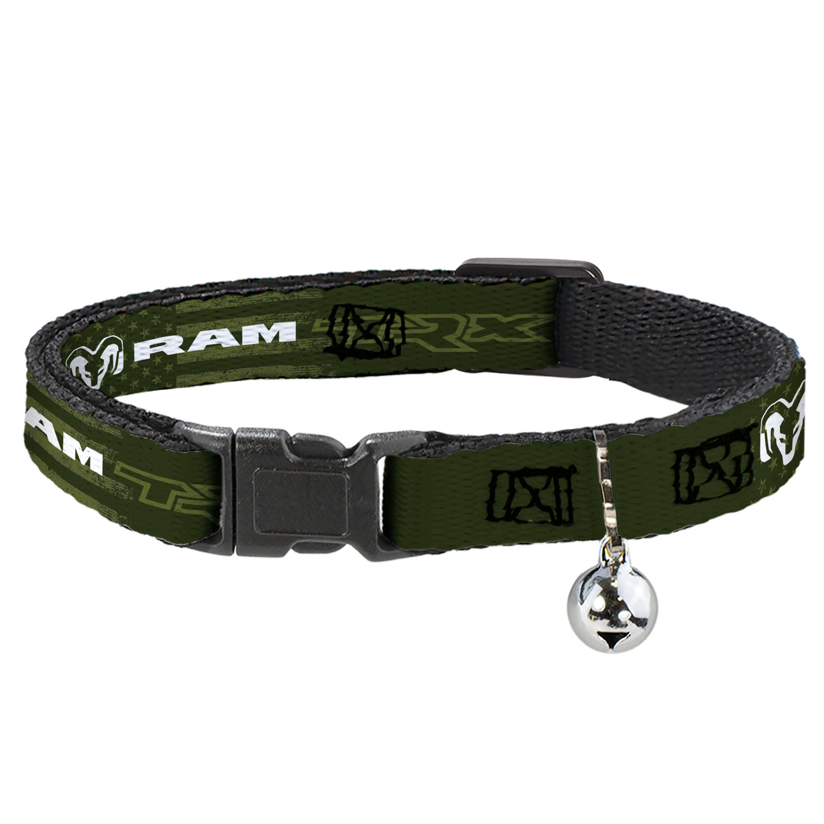 Breakaway Cat Collar with Bell - RAM TRX Text and Logo Americana Weathered Olive/White Cat Collars Breakaway Side Release Ram