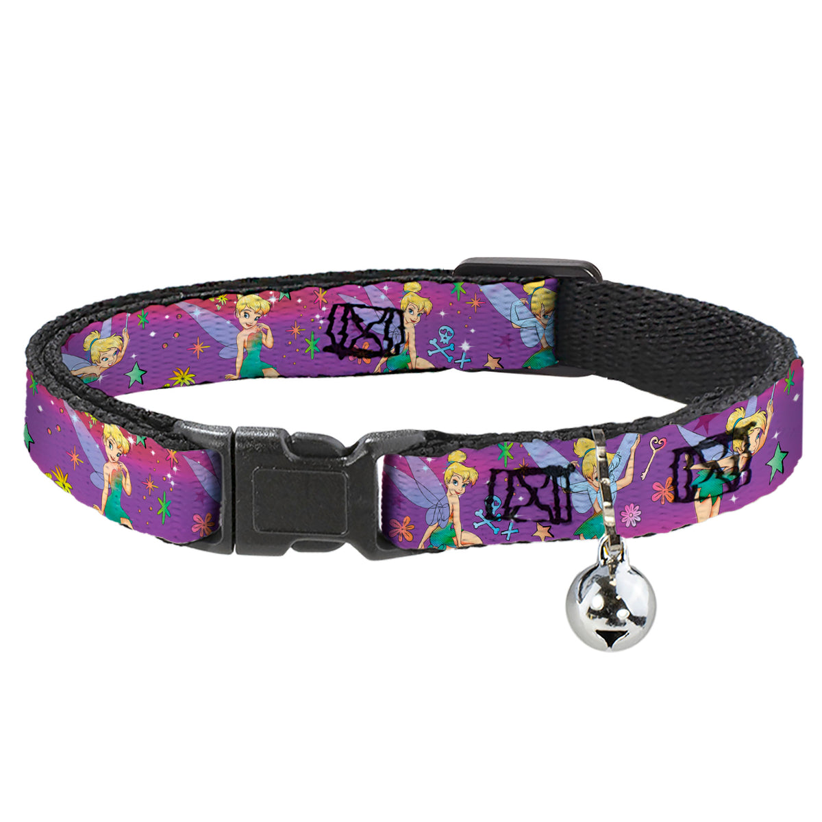 Cat Collar Breakaway - Tinker Bell Poses Flowers Stars Skull Purple Cat Collars Breakaway Side Release Disney