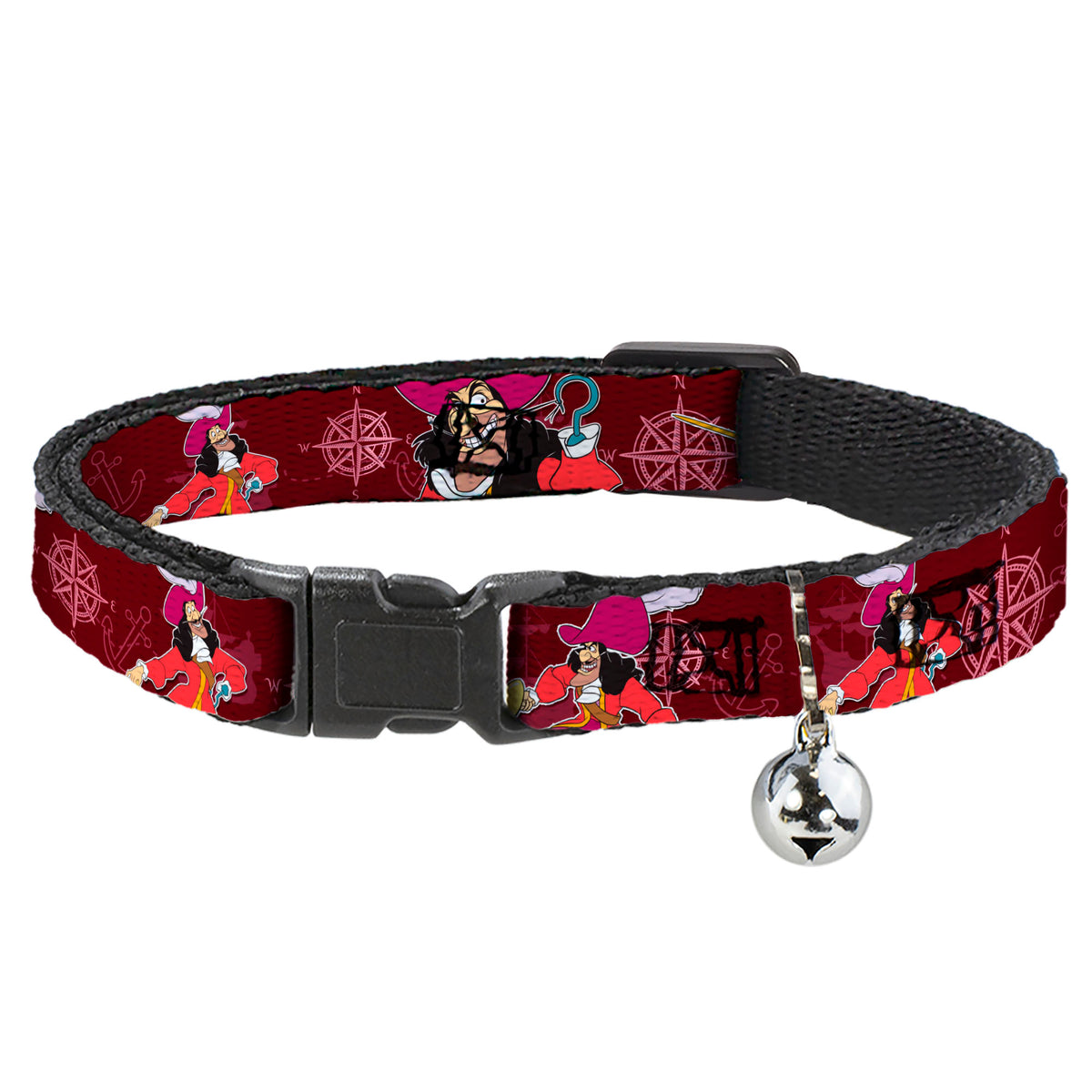 Cat Collar Breakaway - Captain Hook Poses Nautical Elements Burgundy Cat Collars Breakaway Side Release Disney