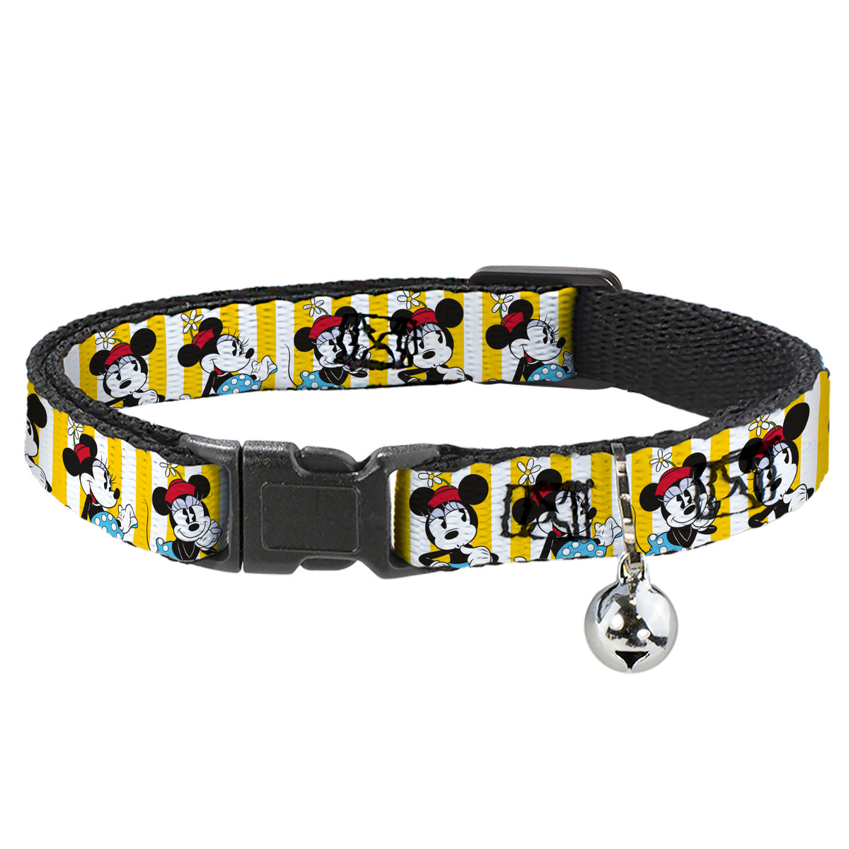 Cat Collar Breakaway - Minnie Mouse w Hat Poses Stripe Yellow White Cat Collars Breakaway Side Release Disney