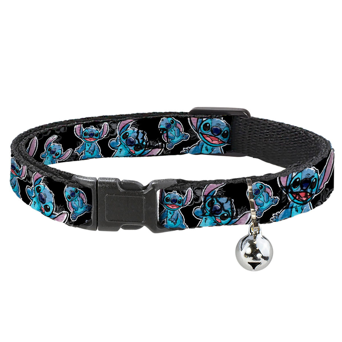 Cat Collar Breakaway - Stitch Poses Hibiscus Sketch Black Gray Blue Cat Collars Breakaway Side Release Disney
