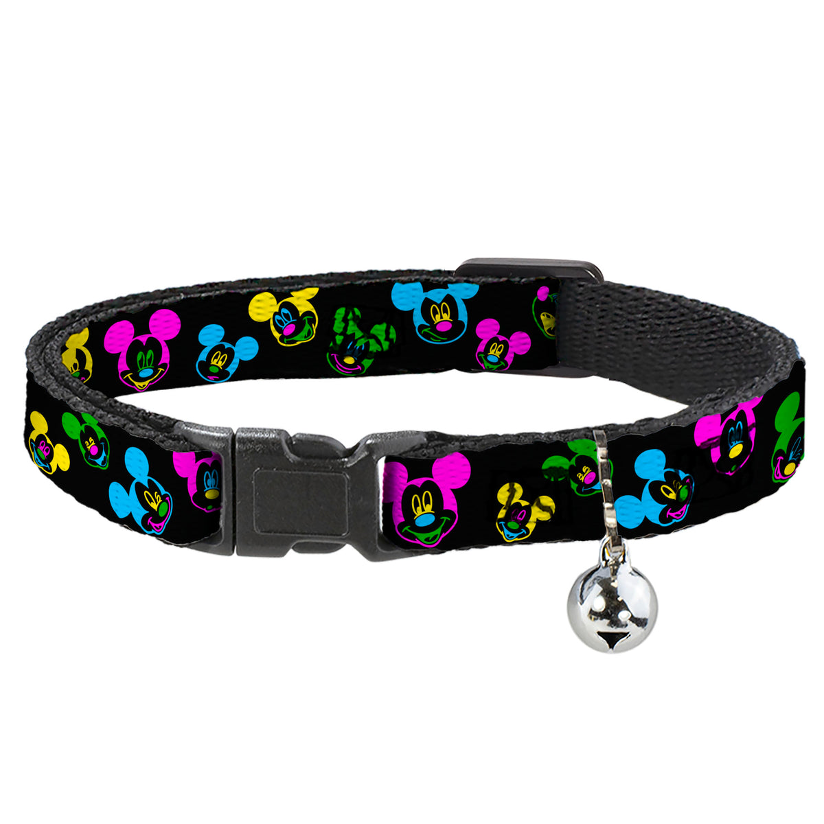 Cat Collar Breakaway - Mickey Mouse Expressions Scattered Black Multi Neon Cat Collars Breakaway Side Release Disney