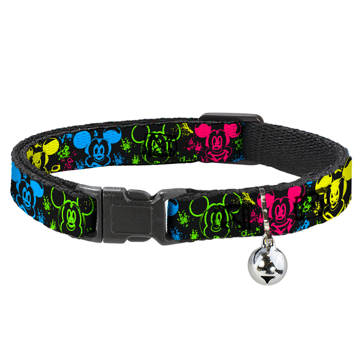 Cat Collar Breakaway - Mickey Expressions Paint Splatter Black Multi Neon Cat Collars Breakaway Side Release Disney