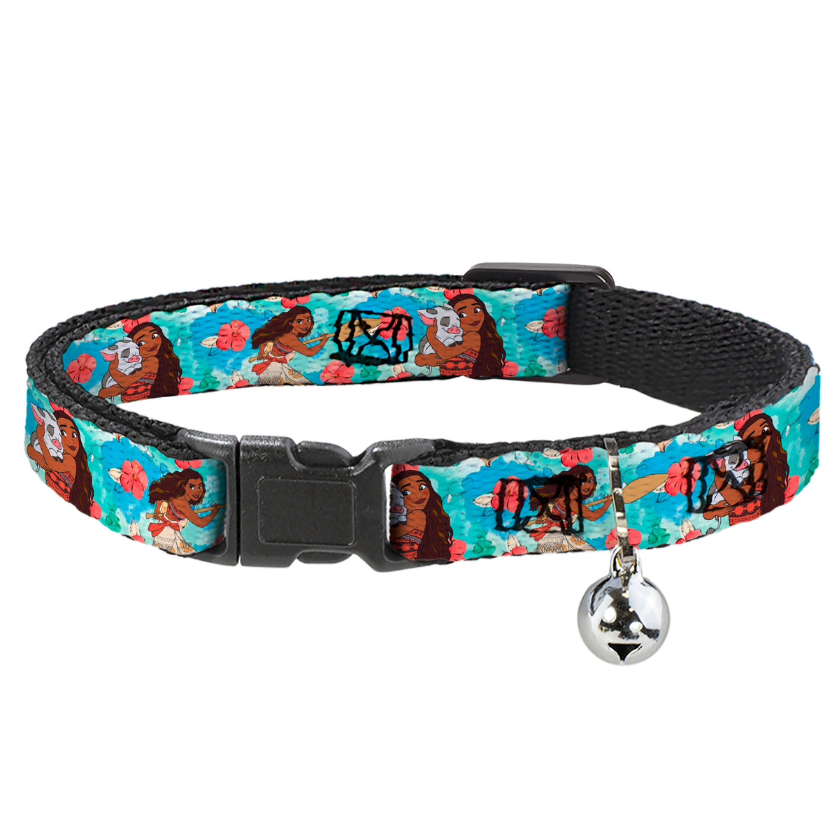 Breakaway Cat Collar with Bell - Moana Poses and Pua Flowers Blues Cat Collars Breakaway Side Release Disney