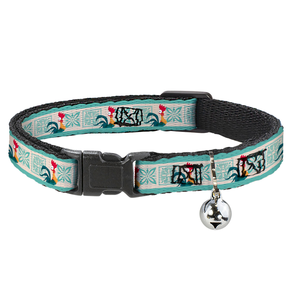 Breakaway Cat Collar with Bell - Moana Hei Hei the Rooster Pose and Icon Blocks White/Light Green Cat Collars Breakaway Side Release Disney