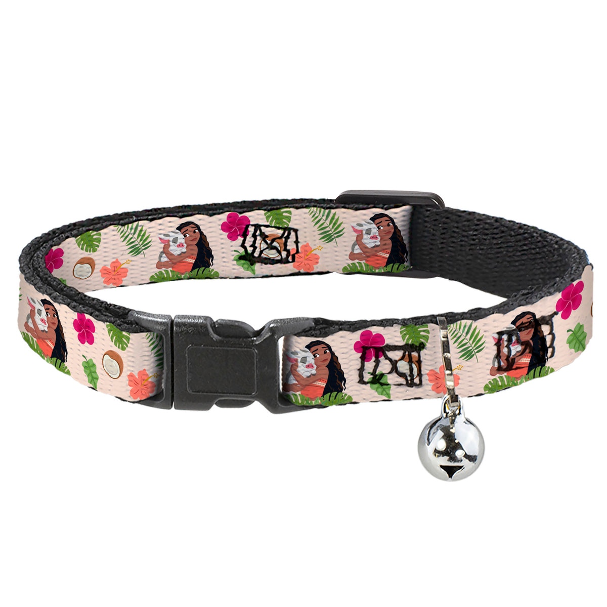 Breakaway Cat Collar with Bell - Moana Hugging Pua Pose and Tropical Flora Beige Cat Collars Breakaway Side Release Disney