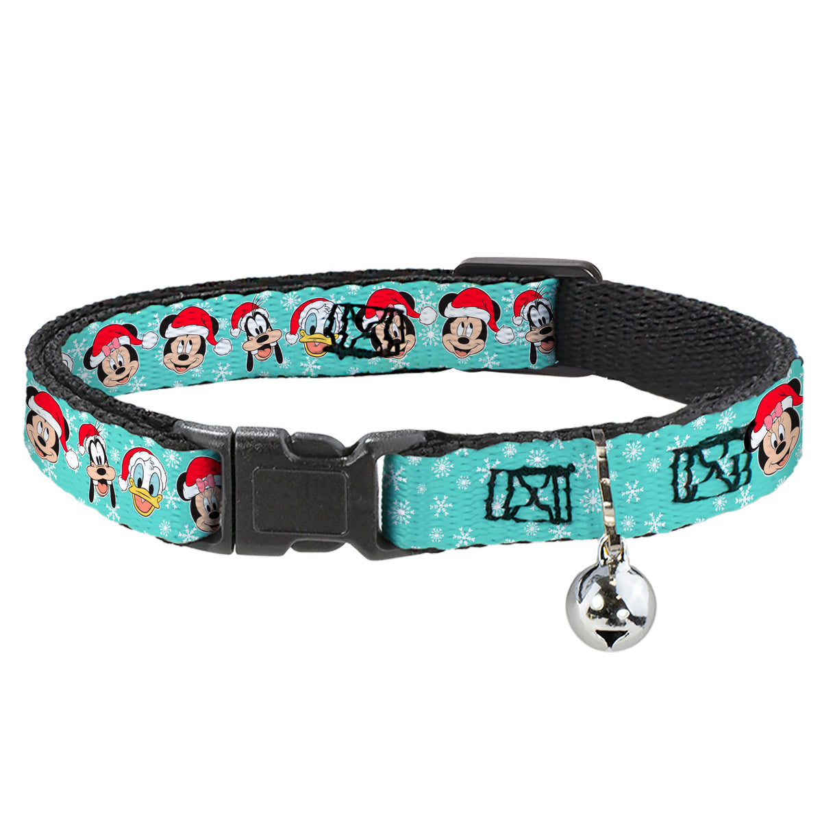 Breakaway Cat Collar with Bell - Holiday Mickey and Friends Santa Hat Poses Snowflakes Light Blue/White Cat Collars Breakaway Side Release Disney