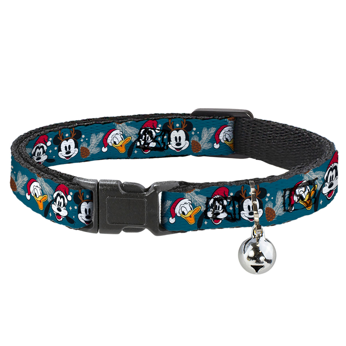Breakaway Cat Collar with Bell - Christmas Holiday Donald Goofy and Mickey Faces and Pine Cones Blue Cat Collars Breakaway Side Release Disney