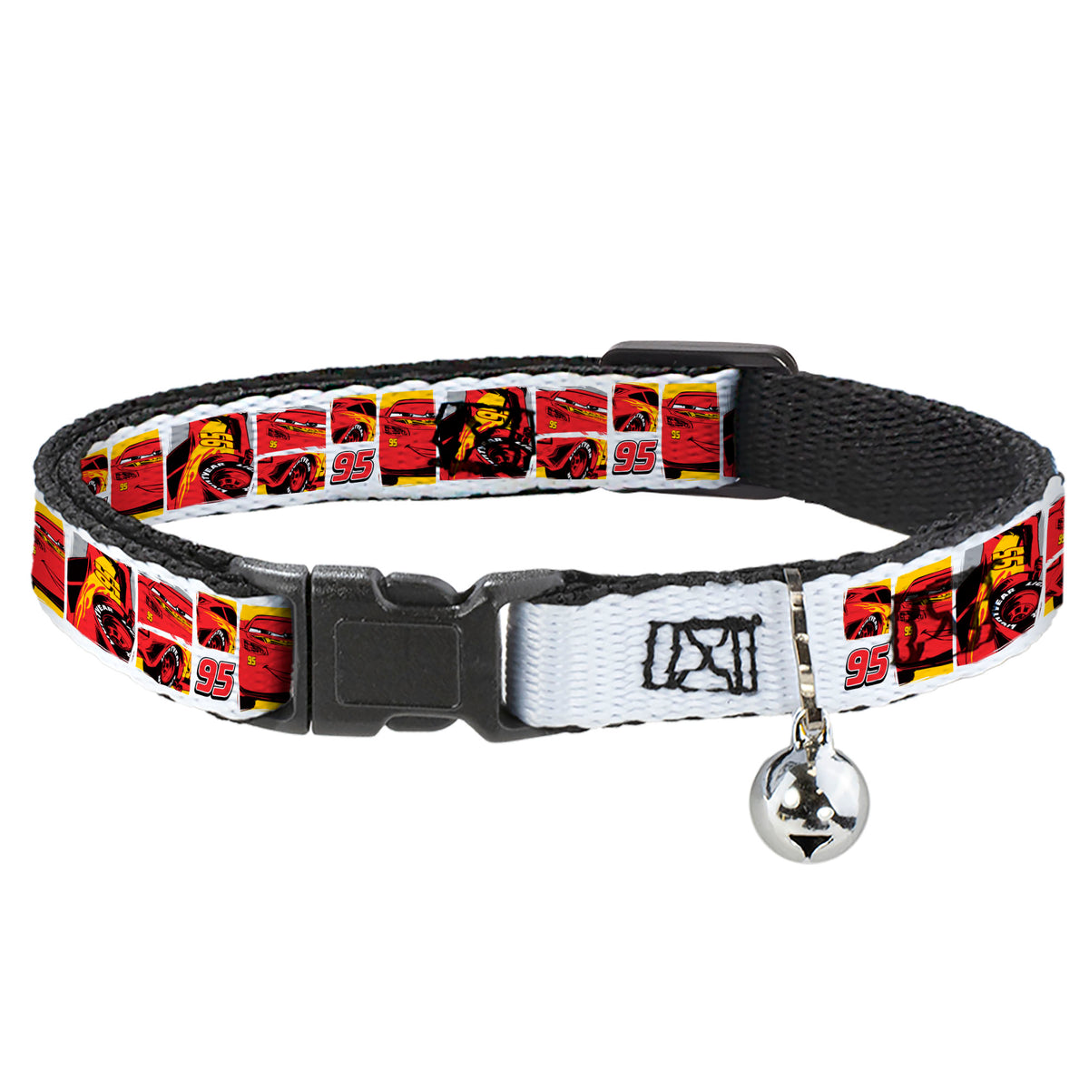 Breakaway Cat Collar with Bell - Cars Lightning McQueen Pose Blocks White/Red/Yellow Cat Collars Breakaway Side Release Disney