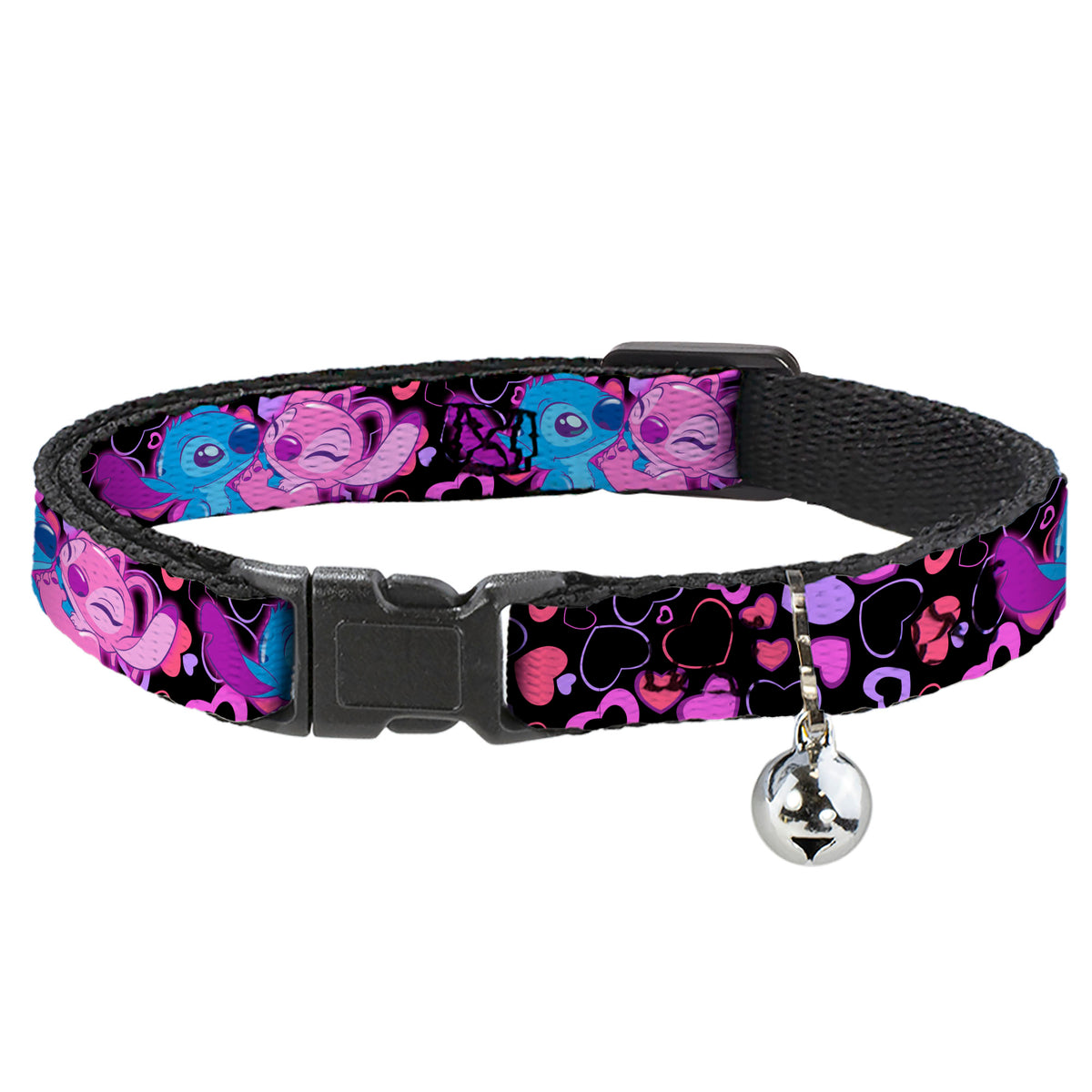 Breakaway Cat Collar with Bell - Stitch and Angel Hugging Pose Black Cat Collars Breakaway Side Release Disney