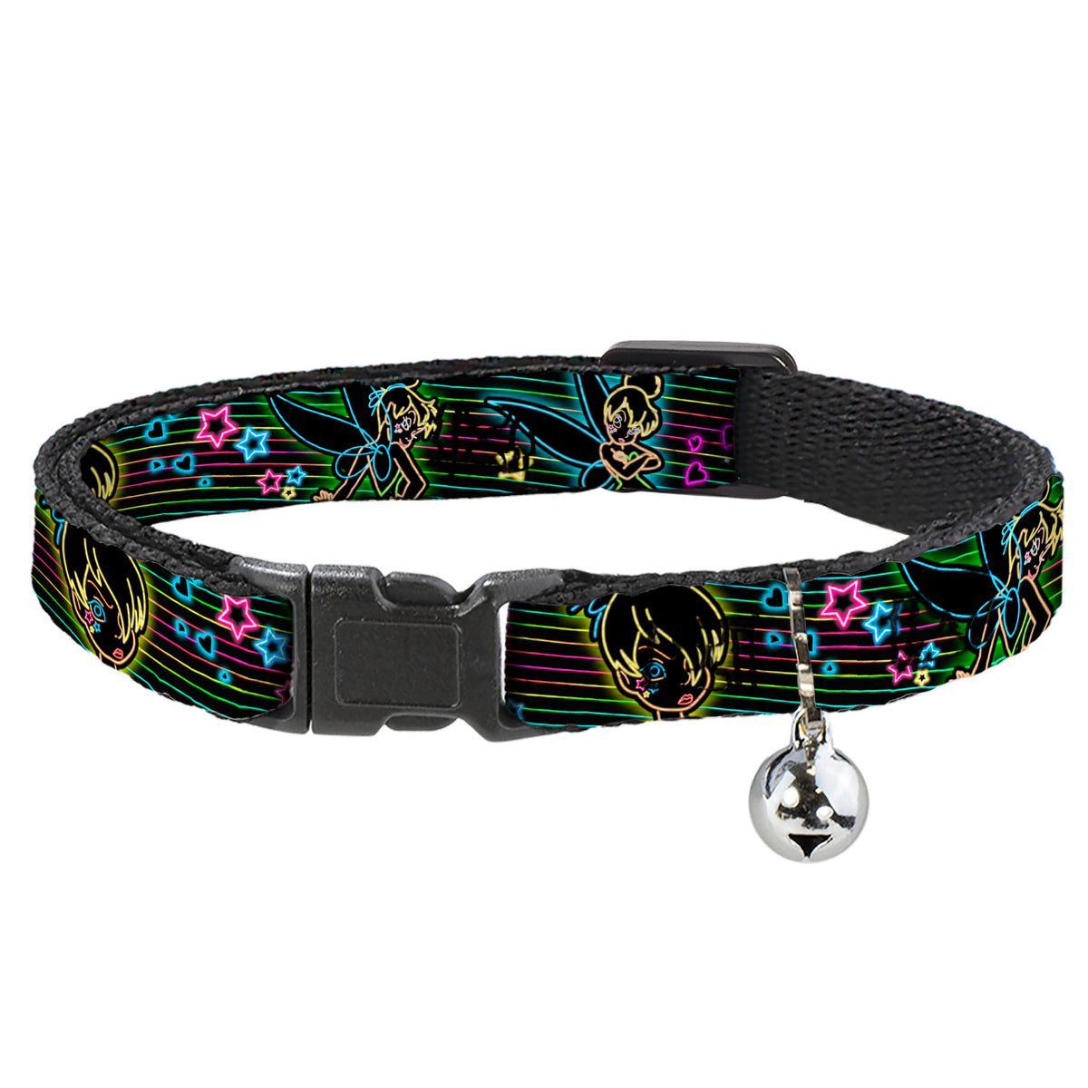 Cat Collar Breakaway - Electric Tinkerbell Poses Stripes Black Multi Neon Cat Collars Breakaway Side Release Disney