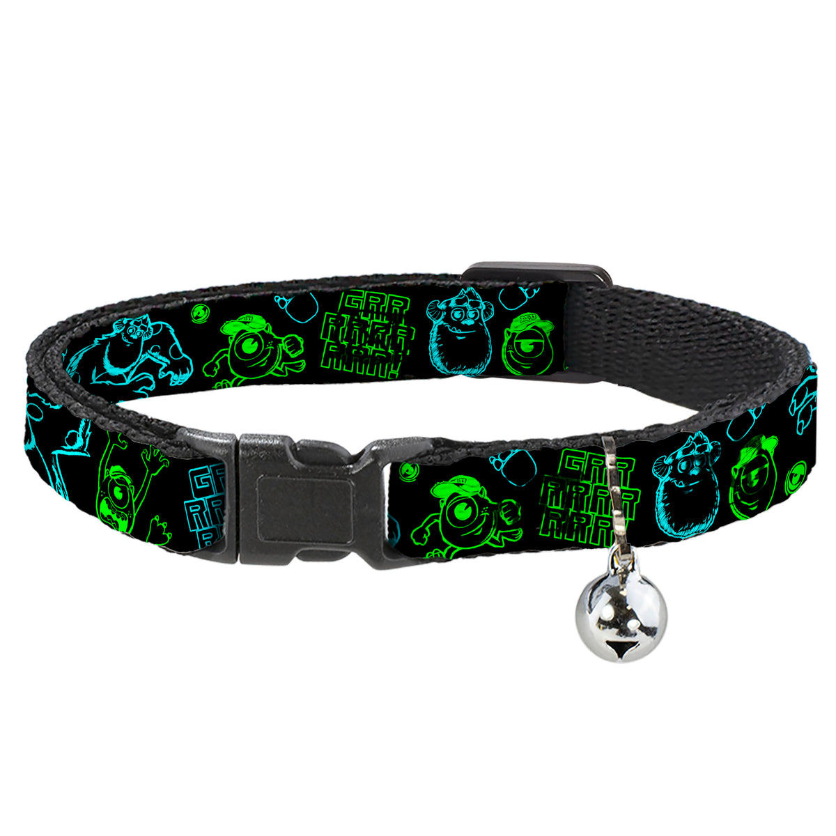 Cat Collar Breakaway - Monsters Inc. Sully & Mike Poses GRRRRR! Black Turquoise Green Cat Collars Breakaway Side Release Disney