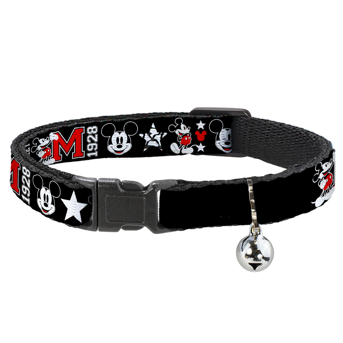 Cat Collar Breakaway - Classic Mickey Mouse 1928 Collage Black White Red Cat Collars Breakaway Side Release Disney