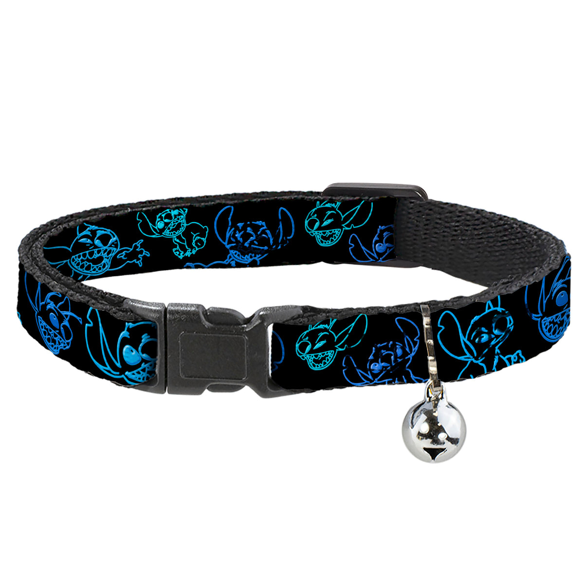 Breakaway Cat Collar with Bell - Electric Stitch Poses Black/Neon Blue Cat Collars Breakaway Side Release Disney
