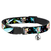 Breakaway Cat Collar with Bell - Glowing Tinker Bell Poses/Butterflies & Flowers Black/Multi Neon Cat Collars Breakaway Side Release Disney