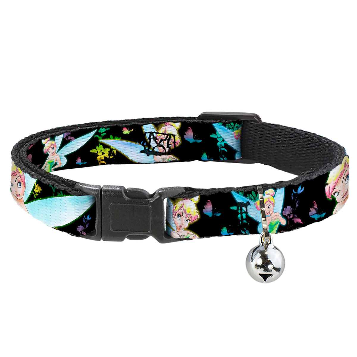 Breakaway Cat Collar with Bell - Glowing Tinker Bell Poses/Butterflies & Flowers Black/Multi Neon Cat Collars Breakaway Side Release Disney