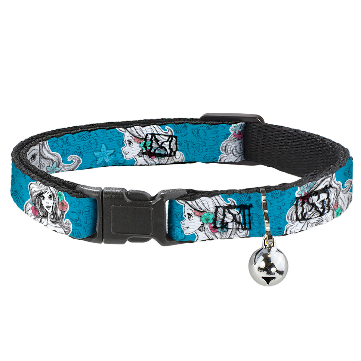 Cat Collar Breakaway - Ariel Poses Shells Sketch Blue White Cat Collars Breakaway Side Release Disney