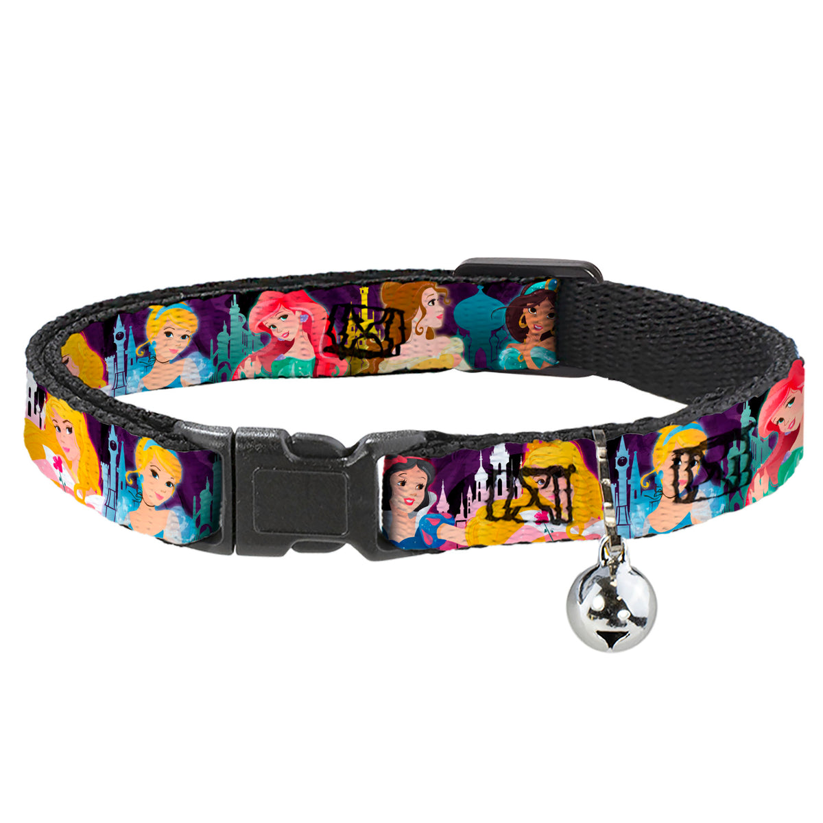 Cat Collar Breakaway - Disney Princess Poses Castle Silhouettes Purples Multi Color Cat Collars Breakaway Side Release Disney