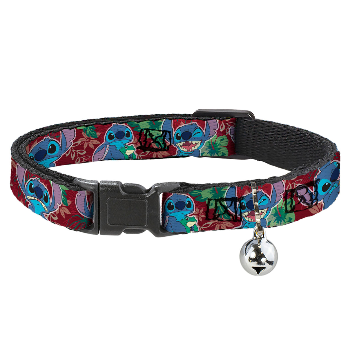Cat Collar Breakaway - Stitch 6-Expressions Tropical Flora Burgundy Reds Greens Cat Collars Breakaway Side Release Disney
