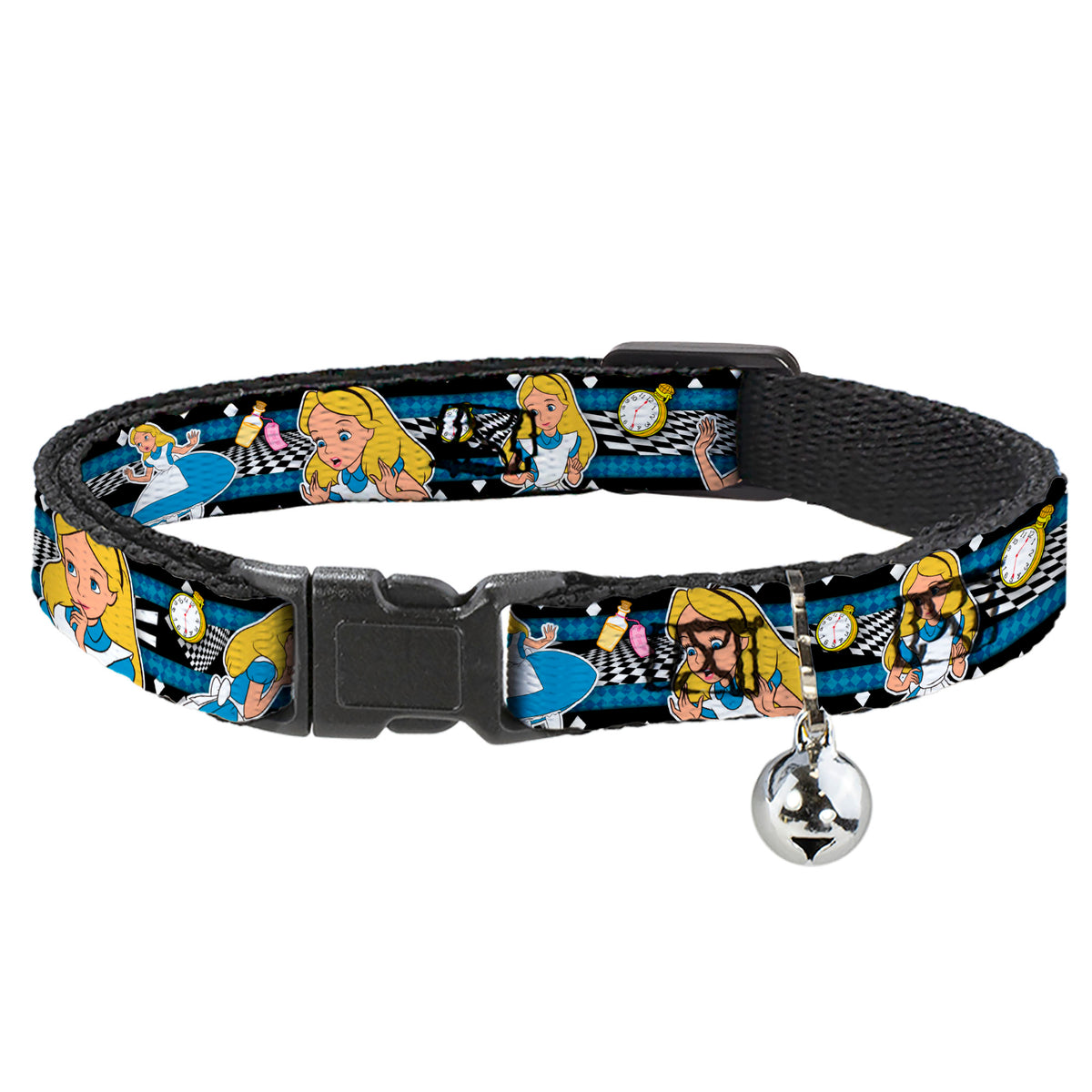 Cat Collar Breakaway - Alice in Wonderland Poses Clock Bottle Diamond Stripe Black White Blues Cat Collars Breakaway Side Release Disney