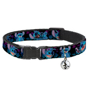 Breakaway Cat Collar with Bell - Stitch 2-Expressions/2-Poses Tropical Flora Black/Purple-Blue Fade Cat Collars Breakaway Side Release Disney