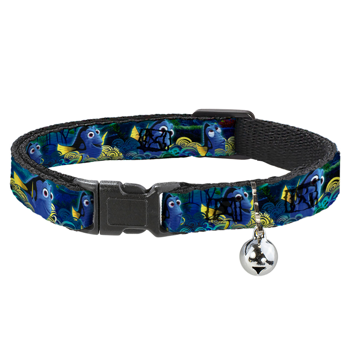Cat Collar Breakaway - Dory Poses Swirls Blues Yellows Cat Collars Breakaway Side Release Disney