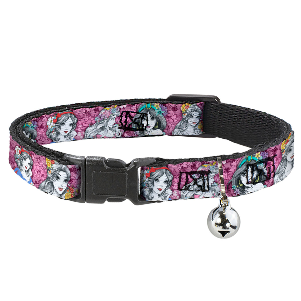 Cat Collar Breakaway - Princess Sketch Poses Floral Collage Pinks Grays Cat Collars Breakaway Side Release Disney