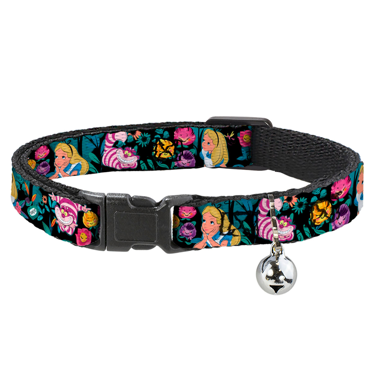 Cat Collar Breakaway - Alice Cheshire Cat Flowers Poses Black Multi Color Cat Collars Breakaway Side Release Disney