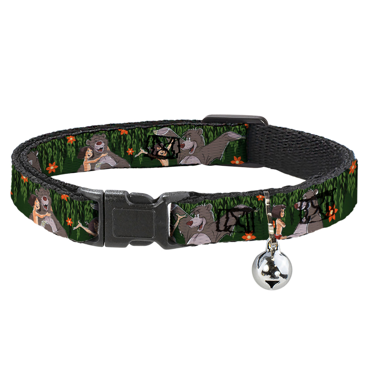 Cat Collar Breakaway - Mowgli & Baloo 3-Poses Leaves Flowers Greens Orange Cat Collars Breakaway Side Release Disney