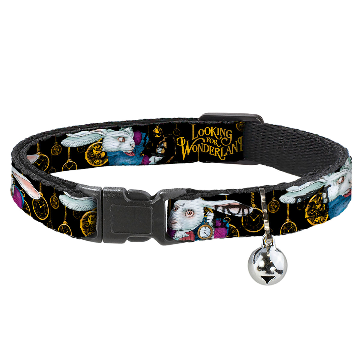 Cat Collar Breakaway - White Rabbit Poses LOOKING FOR WONDERLAND Clocks Black Golds Cat Collars Breakaway Side Release Disney