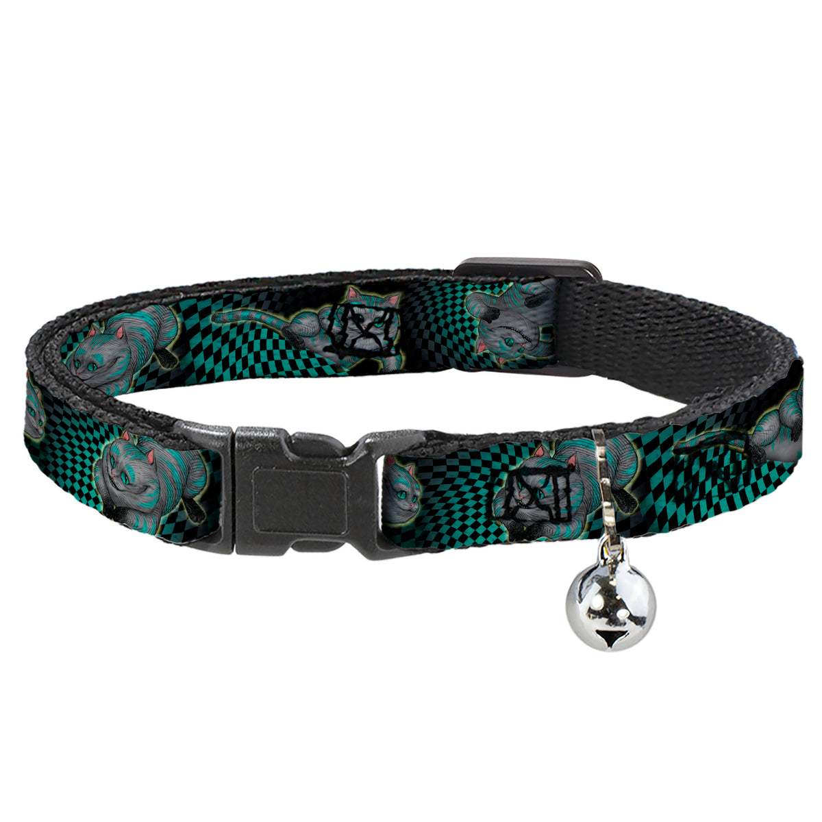 Cat Collar Breakaway - Cheshire Cat 4-Poses Checkers Teal Black Cat Collars Breakaway Side Release Disney