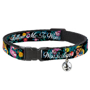 Cat Collar Breakaway - Alice Cheshire Cat Flowers Poses2 FOLLOW ME TO WONDERLAND Black Multi Color White Cat Collars Breakaway Side Release Disney