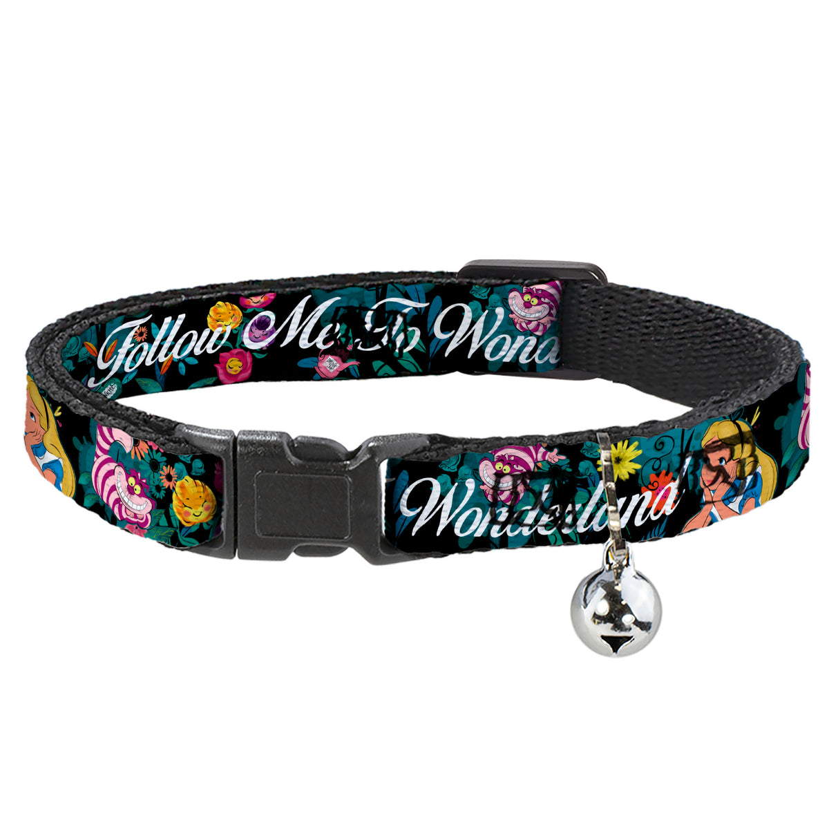 Cat Collar Breakaway - Alice Cheshire Cat Flowers Poses2 FOLLOW ME TO WONDERLAND Black Multi Color White Cat Collars Breakaway Side Release Disney