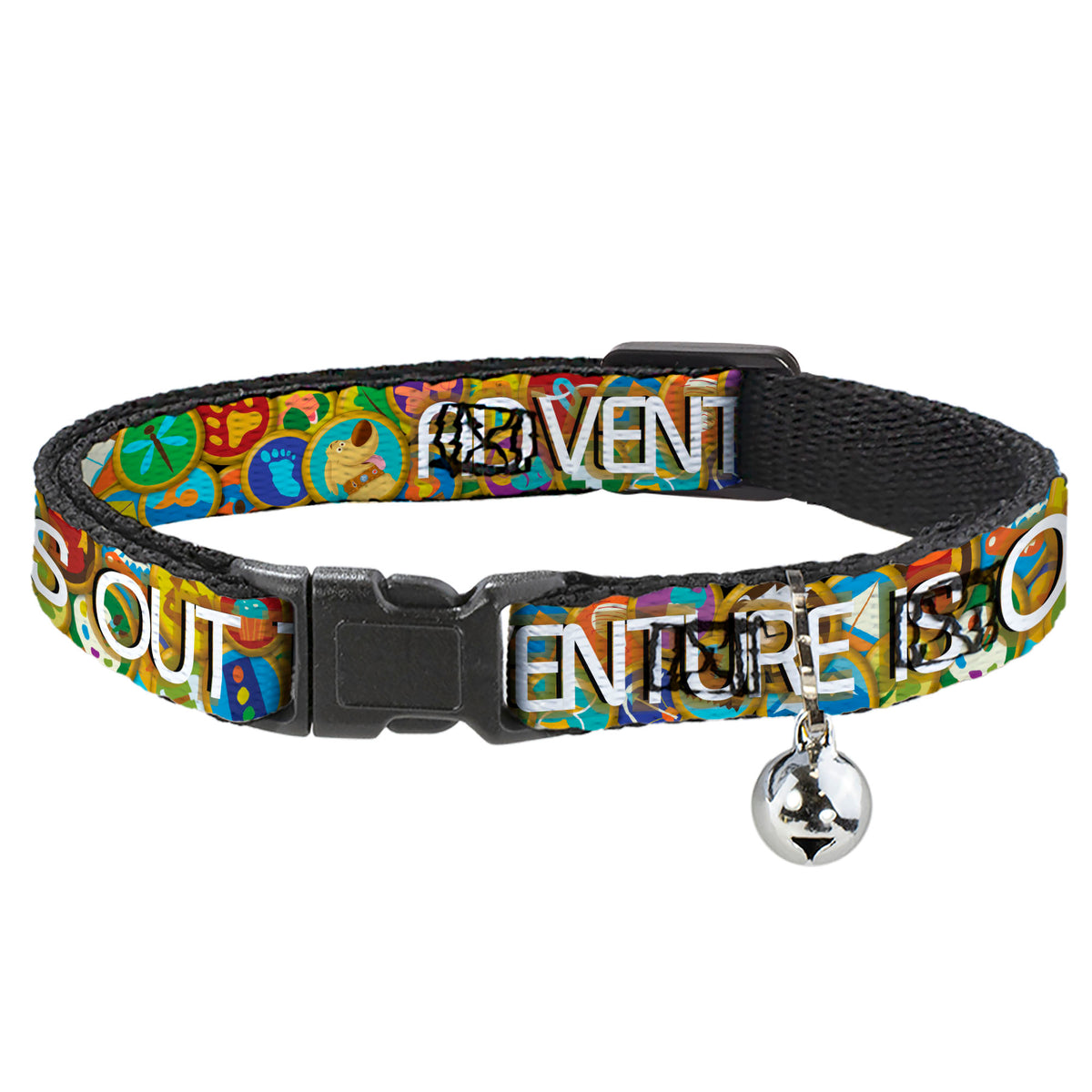Cat Collar Breakaway - ADVENTURE IS OUT THERE Stacked Wilderness Explorer Badges Tan Multi Color White Cat Collars Breakaway Side Release Disney