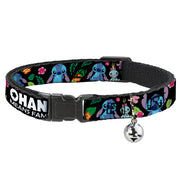 Cat Collar Breakaway - OHANA MEANS FAMILY Stitch & Scrump Poses Tropical Flora Black White Multi Color Cat Collars Breakaway Side Release Disney