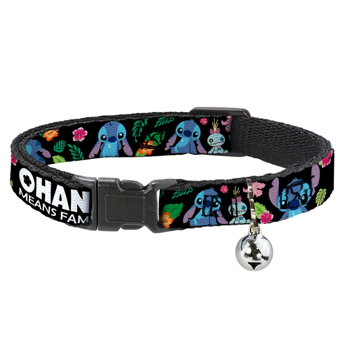 Cat Collar Breakaway - OHANA MEANS FAMILY Stitch & Scrump Poses Tropical Flora Black White Multi Color Cat Collars Breakaway Side Release Disney