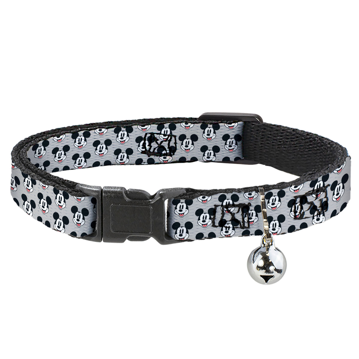 Breakaway Cat Collar with Bell - Mickey Mouse Smiling Face Monogram Gray Cat Collars Breakaway Side Release Disney