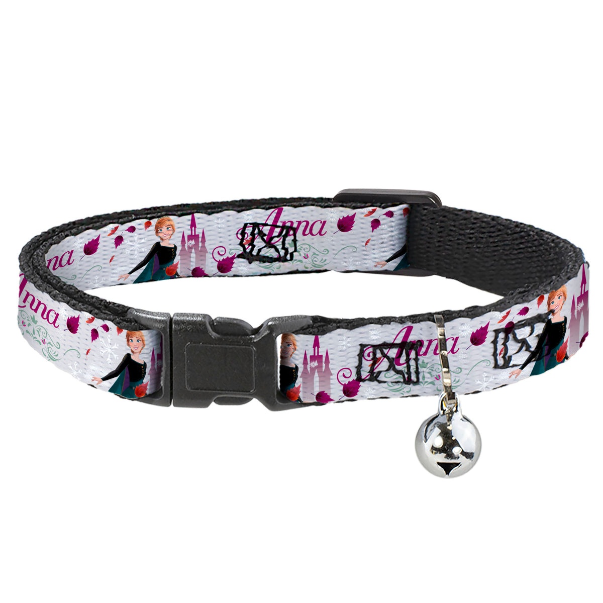 Cat Collar Breakaway with Bell - Frozen Anna Castle Pose with Flowers and Script Grays Pinks - NARROW Fits 8.5-12" Cat Collars Breakaway Side Release Disney