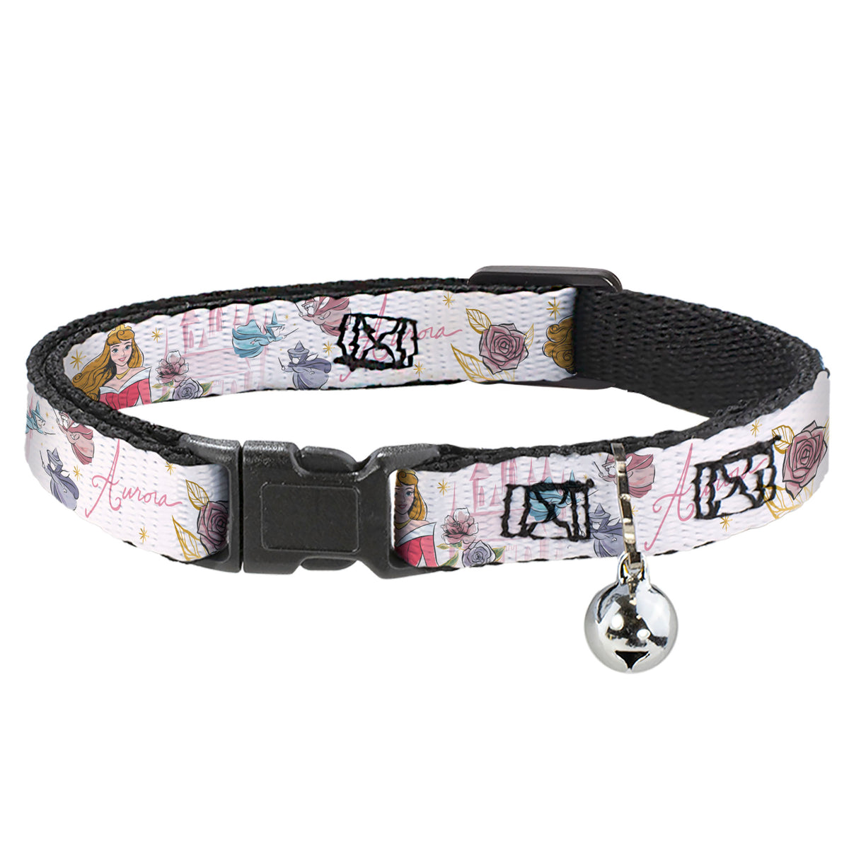 Cat Collar Breakaway with Bell - Sleeping Beauty Aurora Castle and Fairy Godmothers Pose with Script and Flowers White Pinks - NARROW Fits 8.5-12" Cat Collars Breakaway Side Release Disney