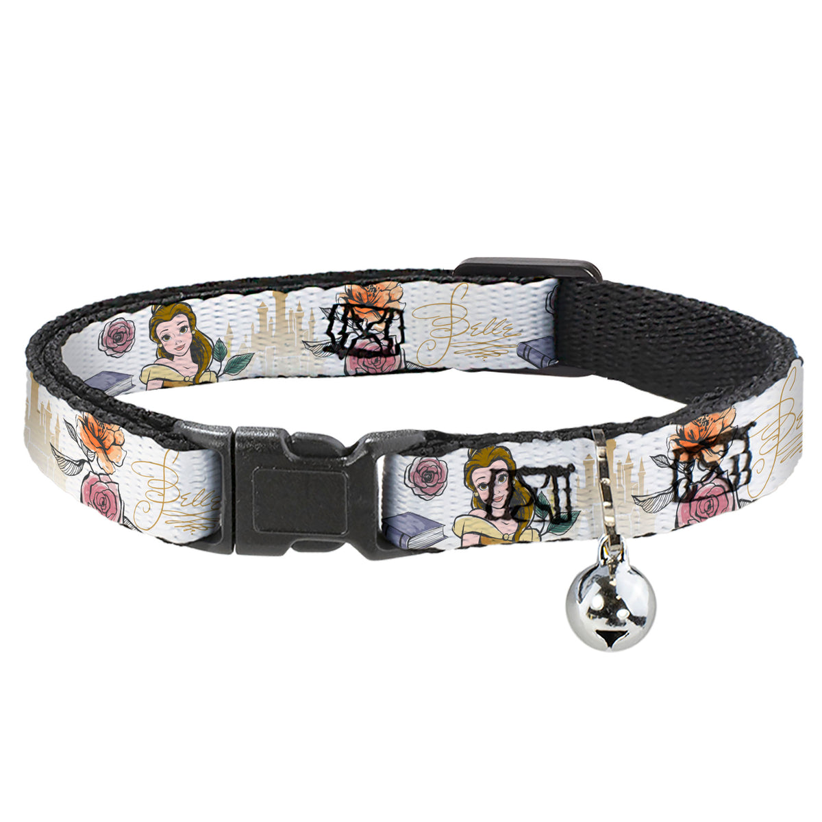 Cat Collar Breakaway with Bell - Beauty and the Beast Belle Castle Pose with Script and Flowers White Yellows - NARROW Fits 8.5-12" Cat Collars Breakaway Side Release Disney