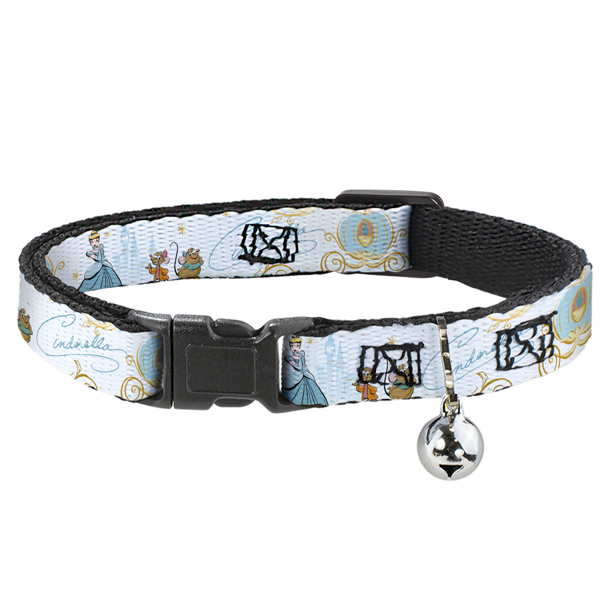Cat Collar Breakaway with Bell - Cinderella Pumpkin Coach and Mice Pose with Script White Blues - NARROW Fits 8.5-12" Cat Collars Breakaway Side Release Disney