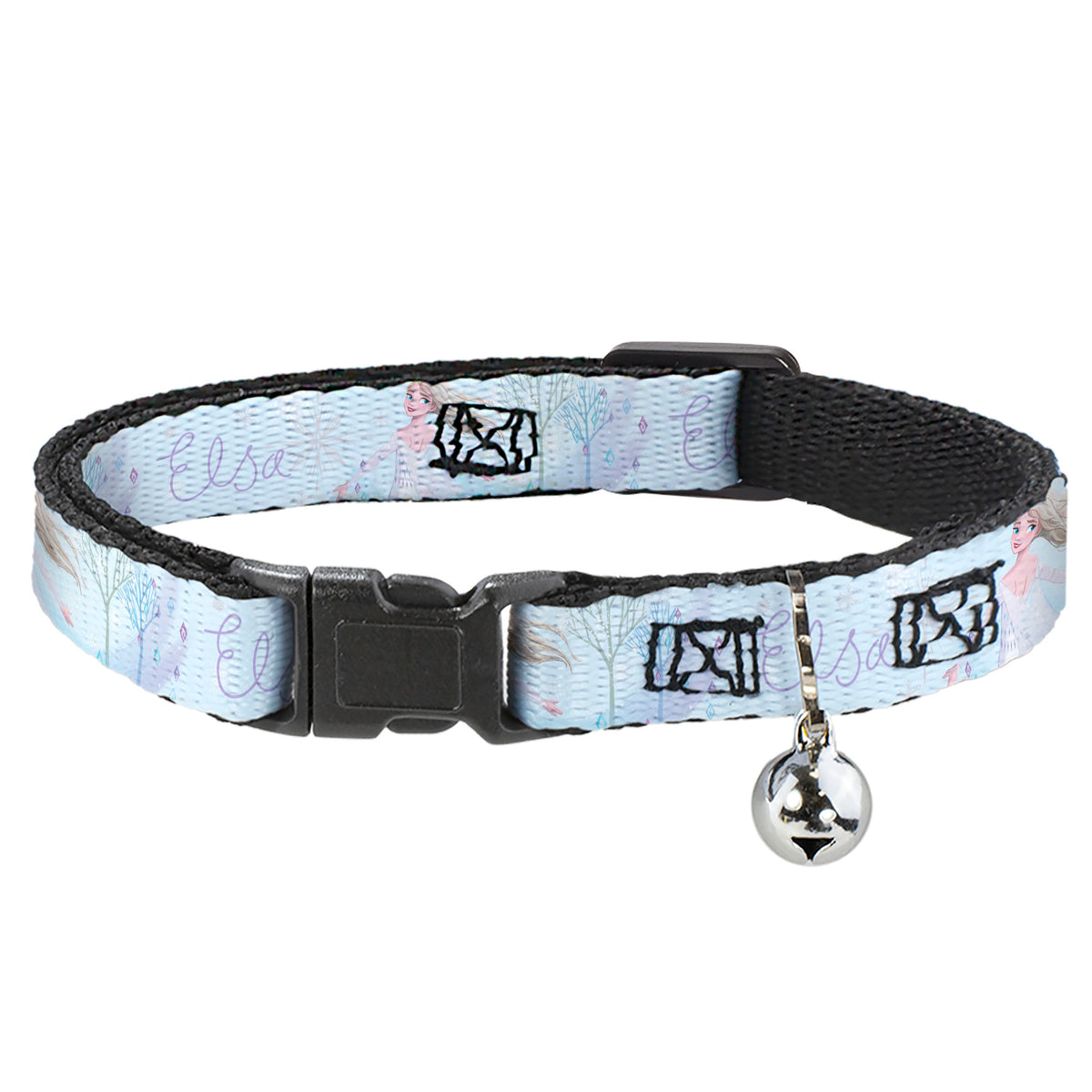 Cat Collar Breakaway with Bell - Frozen Elsa Snowflake Pose with Trees and Script Blues Purples - NARROW Fits 8.5-12" Cat Collars Breakaway Side Release Disney