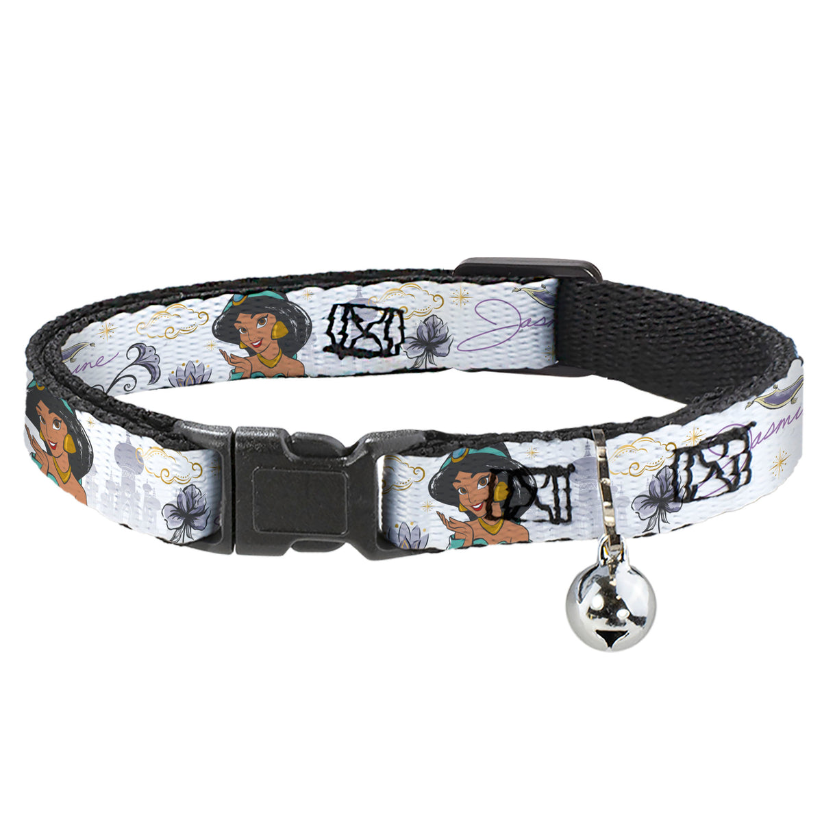 Cat Collar Breakaway with Bell - Aladdin Jasmine Palace Pose with Script and Flowers White Purples - NARROW Fits 8.5-12" Cat Collars Breakaway Side Release Disney